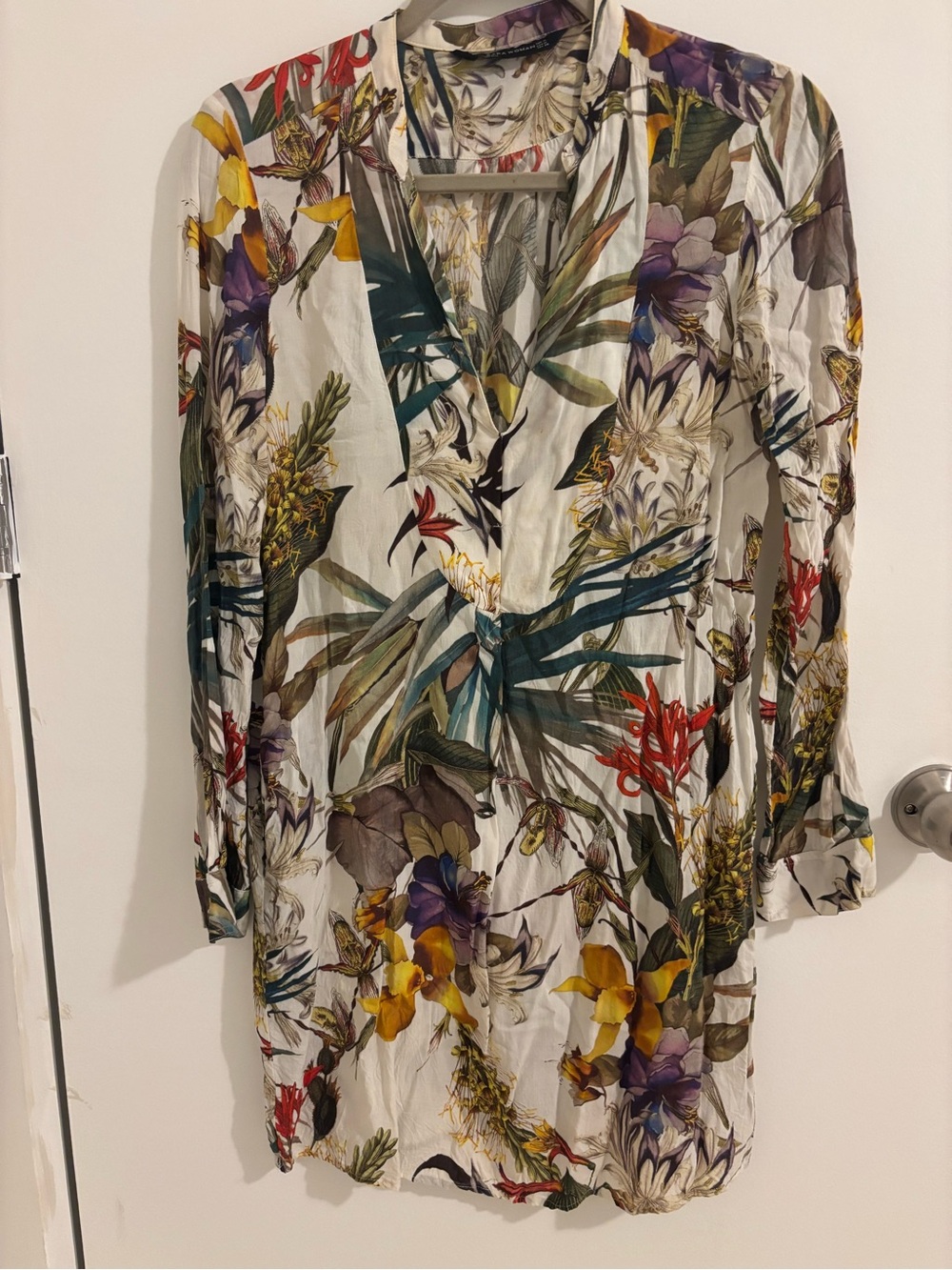 Zara White Long-Sleeve Floral Print Dress